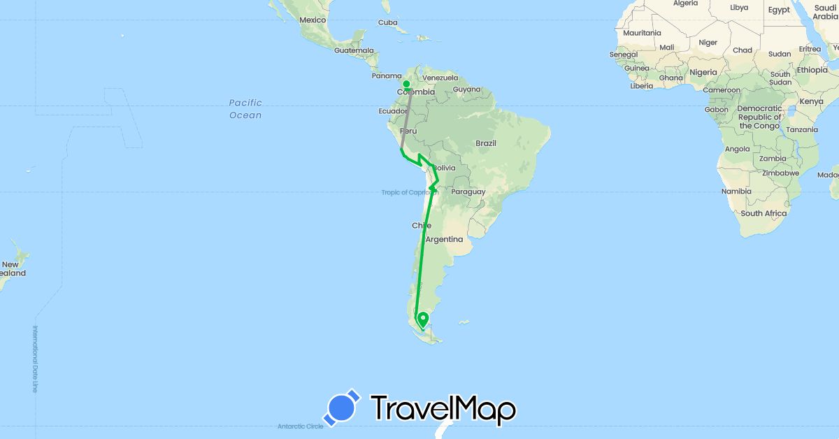TravelMap itinerary: driving, bus, plane in Bolivia, Chile, Colombia, Peru (South America)